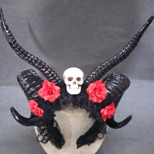 Gothic Dark Witch Shofar Horns Gimmick Rose Halloween Hair Accessories Headband N19535