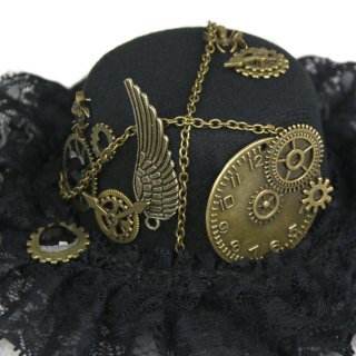 Victorian Gothic Black Lace and Bronze Gear Masquerade Costume Bowler-hat Hair Clip J19525