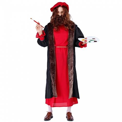4pcs Men's Renaissance Oil Painter Long Robe Adult Performance Cosplay Costume N19480