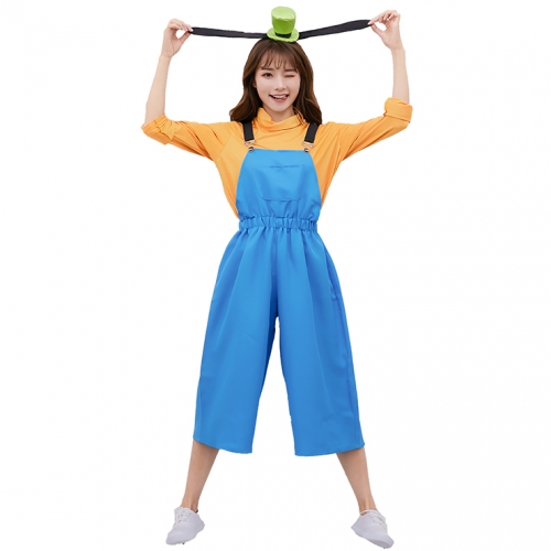 3pcs Cute Women's Orange Long Sleeve Shirt and Blue Bib Pants Cosplay Set N19458
