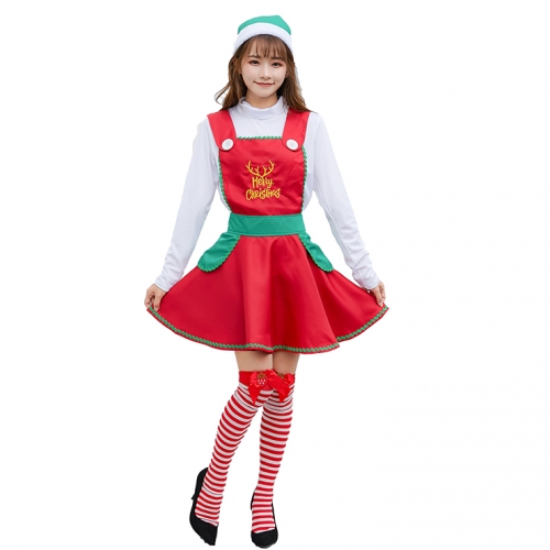 3pcs Women's Cute White Long Sleeve Red High Waist Mini Dress Christmas Costume With Apron N19456