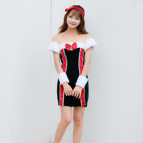 3pcs Women's Furry Sexy Off-shoulder Bow Mini Dress Christmas Costume N19455