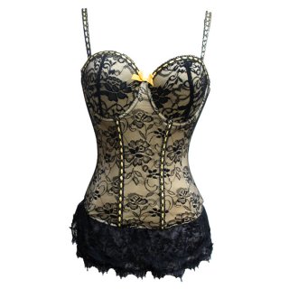 Charming Brocade Floral Lace Hemline Spaghetti Straps Stretchy Chemise Bustier Corset N19452