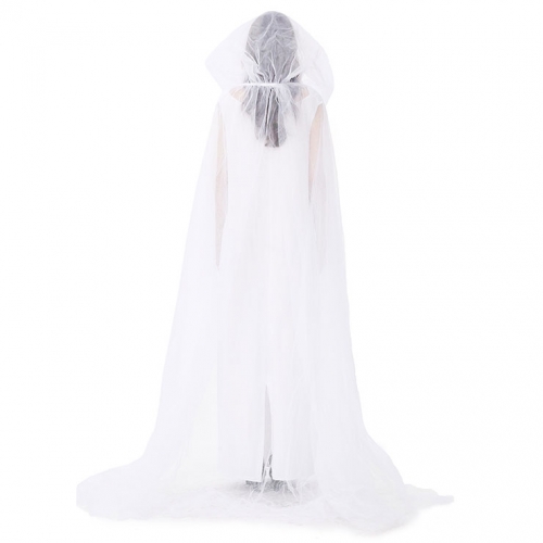 Vintage White Ghost Bride Long Wedding Dress and Mesh Long Cloak Adult Halloween Costume N19444