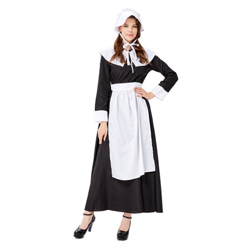 4pcs Traditional Housemaid Apron Long Dress Adult Halloween Cosplay Costume N19429