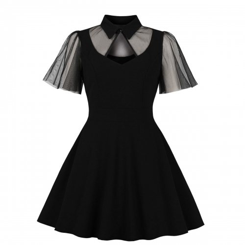 Plus Size Sexy Gothic Sheer Mesh Lapel Cut-out Ruffle Sleeve High Waist Swing Dress N19419