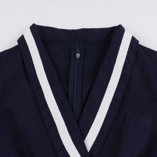 Vintage Dark-blue V-neck 7-point Sleeve High Waist Belt Midi A-line Dress N19411