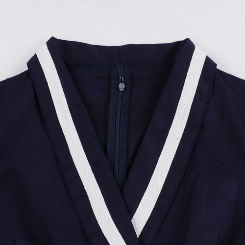 Vintage Dark-blue V-neck 7-point Sleeve High Waist Belt Midi A-line Dress N19411