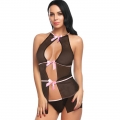 Sexy See-through Chiffon Bow Halter Deep V Stretchy Bra And Panty Suit N19384