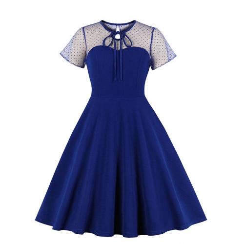 Vintage Sheer Mesh Patchwork Heart-shaped Bodice High Waist Swing Dress N19286