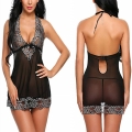 Sexy Women's Black Floral Lace Hanging Neck Babydoll Lingerie Sleepwear Night Dress N19261