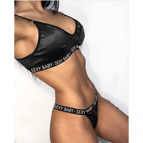 Sexy Black Low Cut Three-Point Floral Lace Edge Lingerie Set N19253