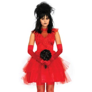 Gothic Red Vampire Multi-layered Floral Lace Mini Wedding Dress Adult Ghost Bride Costume N19195