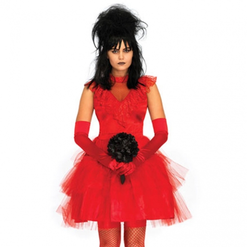 Gothic Red Vampire Multi-layered Floral Lace Mini Wedding Dress Adult Ghost Bride Costume N19195