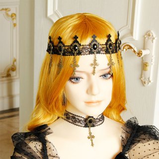 Victorian Gothic Black Floral Lace Gem and Cross Tiara Hair Accessory J19186