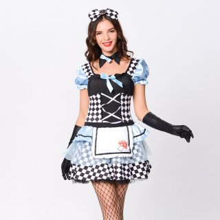 Adorable Alice Black and White Check Bowknot Mini Dress Wonderland Role Play Costume N19114