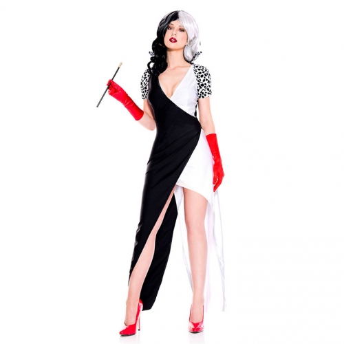 Sexy Women's Black and White Spotted Dalmatian Film Long Gown Halloween Cosplay Costume N19111