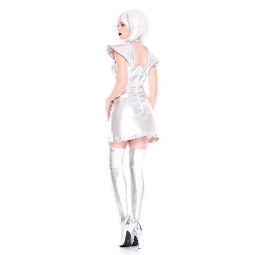 Sexy Silver Metallic Space Girl Wet Look Mini Dress Adult Cosplay Halloween Costume N19094