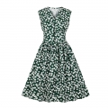Vintage Dark-green Floral Print V Neck Sleeveless Front Button High Waist Swing Dress N19072