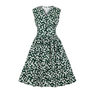 Vintage Dark-green Floral Print V Neck Sleeveless Front Button High Waist Swing Dress N19072