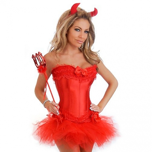 Sexy Adult Red Devil Strapless Mesh Dress Halloween Party Role Play Costume N19034