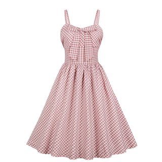 Vintage Rockabilly Checkered Sweetheart Neckline Spaghetti Straps Frock Summer Swing Dress N18989
