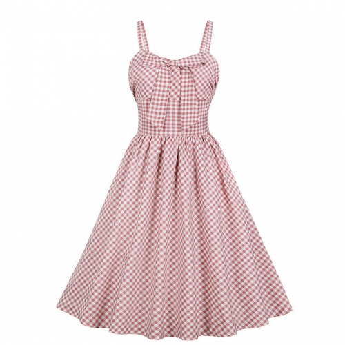 Vintage Rockabilly Checkered Sweetheart Neckline Spaghetti Straps Frock Summer Swing Dress N18989