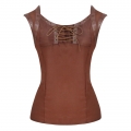 Punk Rivet PU Leather Lace-up Short Sleeve Square Collar Crepe Blouse Top N18949