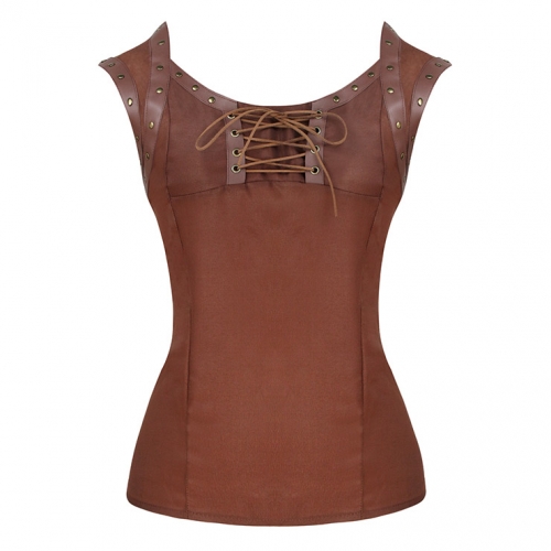 Punk Rivet PU Leather Lace-up Short Sleeve Square Collar Crepe Blouse Top N18949