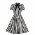 Vintage Black and White Vertical Striped Butterfly Collar Short Sleeve High Waist Midi Dress N18907