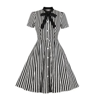 Vintage Black and White Vertical Striped Butterfly Collar Short Sleeve High Waist Midi Dress N18907