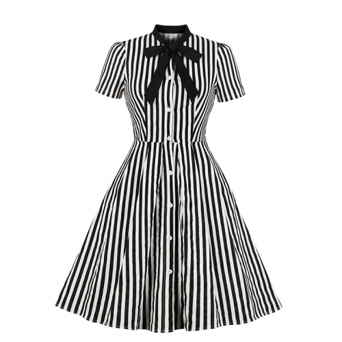 Vintage Black and White Vertical Striped Butterfly Collar Short Sleeve High Waist Midi Dress N18907
