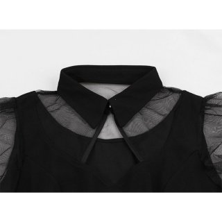 Sexy Gothic Black Sheer Mesh Splicing Lapel Cut-out Ruffle Sleeve High Waist Swing Dress N18873