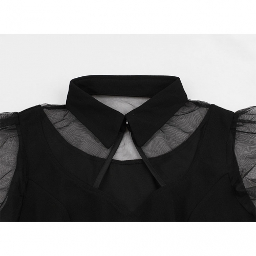 Sexy Gothic Black Sheer Mesh Splicing Lapel Cut-out Ruffle Sleeve High Waist Swing Dress N18873