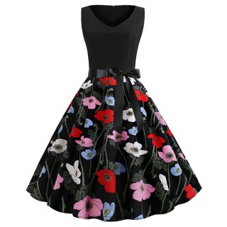 Vintage V Neck Black Bodice and Colorful Flower Pattern Splicing Sleeveless Summer Swing Dress N18824
