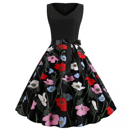 Vintage V Neck Black Bodice and Colorful Flower Pattern Splicing Sleeveless Summer Swing Dress N18824