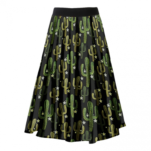 Fashion Casual Cactus Printing Longuette High Waist A-Line Skirt N18794