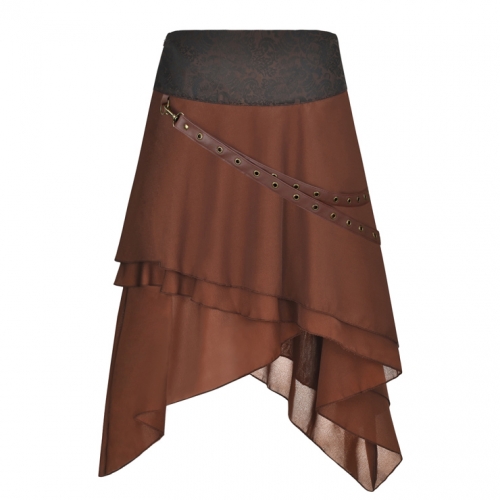 Victorian Gothic Multi-layered Asymmetrical Hemline High Waist Skirt with PU Leather Pocket Belt Set N18792