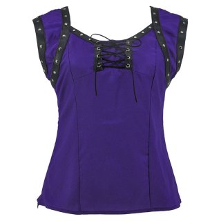 Gothic Style Rivet PU Leather Lace-up Short Sleeve Square Collar Crepe Blouse Top N18790