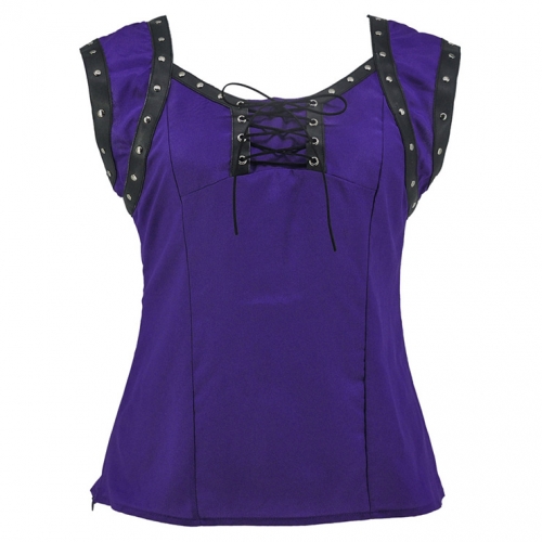 Gothic Style Rivet PU Leather Lace-up Short Sleeve Square Collar Crepe Blouse Top N18790