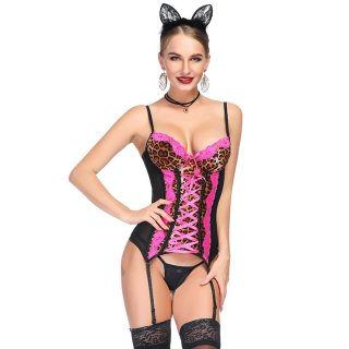 Sexy Leopard Floral Lace Trim Plastic Bone Stretchy Mesh Chemise Bustier Corset N18752