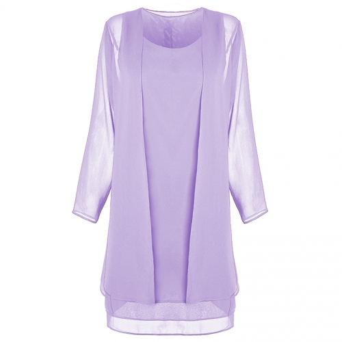 2pcs Elegant Purple Chiffon Scoop Neck Tank Dress and Tulle Thin Coat Office Lady Suit N18748
