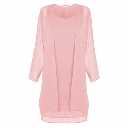 2pcs Elegant Pale Pink Chiffon Scoop Neck Tank Dress and Tulle Thin Coat Office Lady Suit N18747