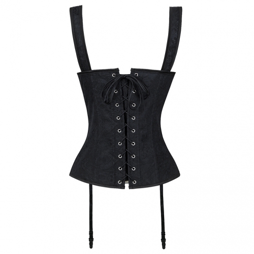 Gothic Style Black Jacquard Boned Wide Straps Lace Up Bustier Vest Corset N18708