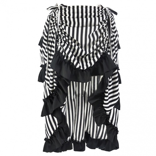 Victorian Steampunk Gothic Black and White Stripes Irregular High-low Ruffle Skirt N18678