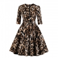 Vintage Leopard Print Front Zipper Round Neck Half Sleeve High Waist Dress with Belt N18670