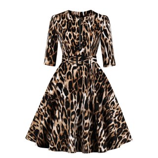 Vintage Leopard Print Front Zipper Round Neck Half Sleeve High Waist Dress with Belt N18670