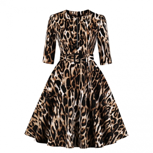 Vintage Leopard Print Front Zipper Round Neck Half Sleeve High Waist Dress with Belt N18670