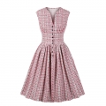 Vintage Pink Floral Print V Neck Sleeveless High Waist Swing Dress N18667