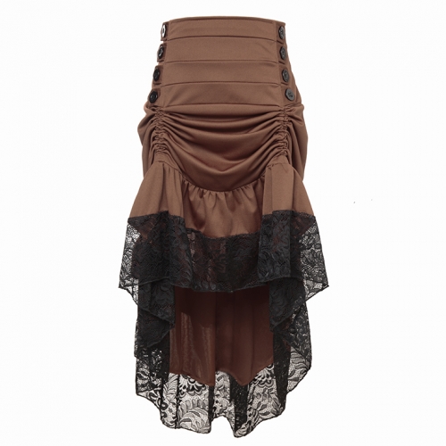 Vintage Gothic Brown High Waist Button Lace Trim Ruffled High-low Skirt N18636